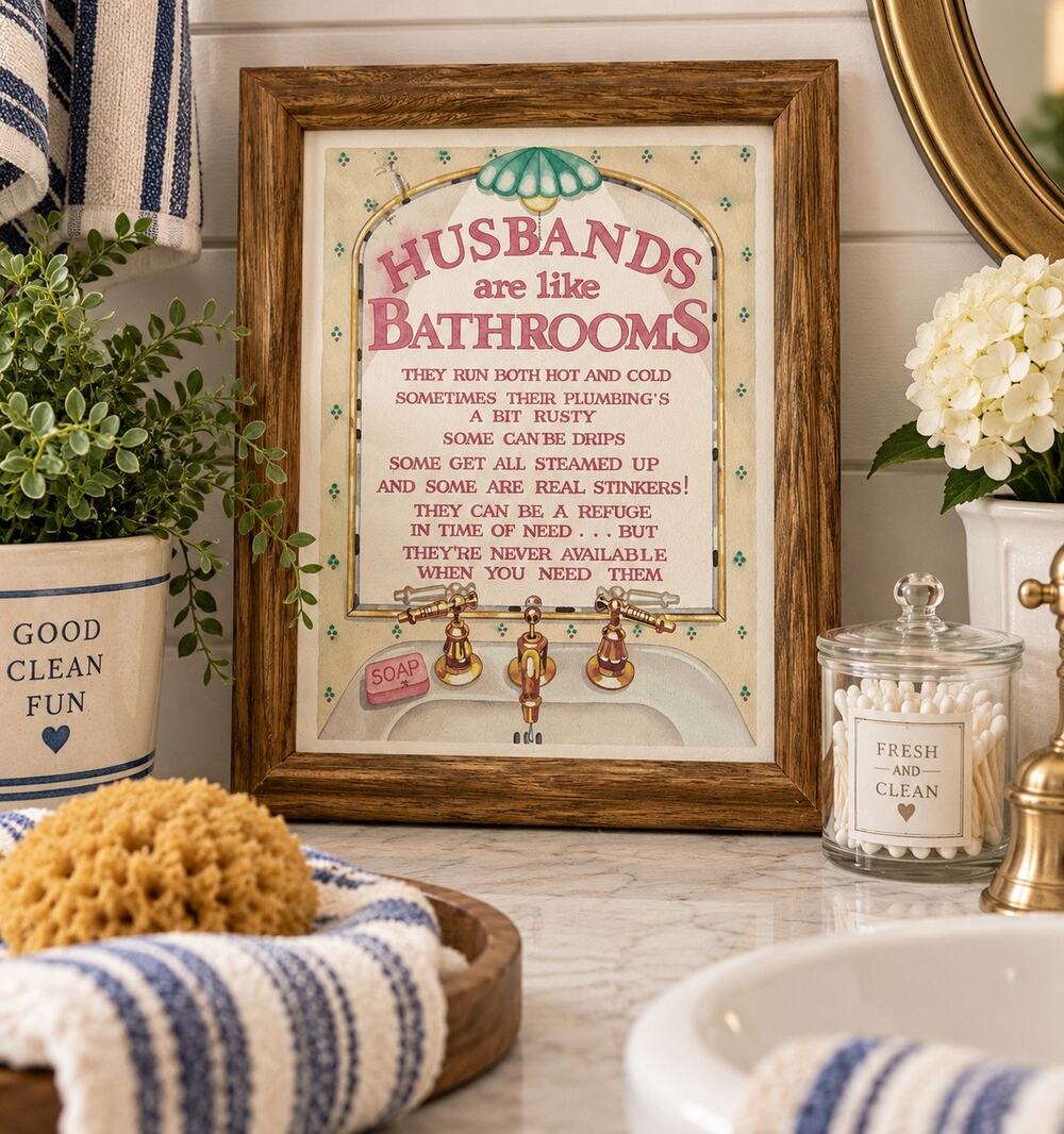 Vintage FIGI Giftware “Husbands Are Like Bathrooms” Framed Bathroom Humor Art